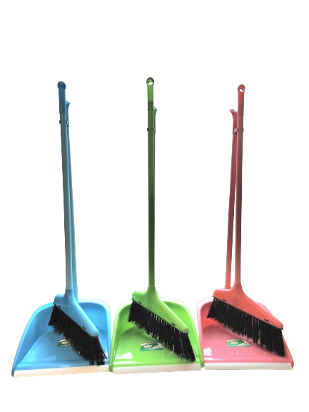 Broom with Dustpan, Long Handle (Blue/Green/Pink)